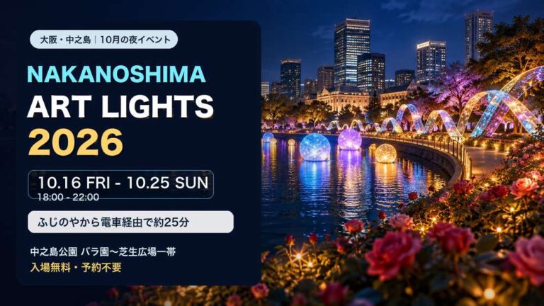 中之島公園の水辺で開催されるNAKANOSHIMA ART LIGHTS 2026を紹介する、夜景とライトアートの案内画像